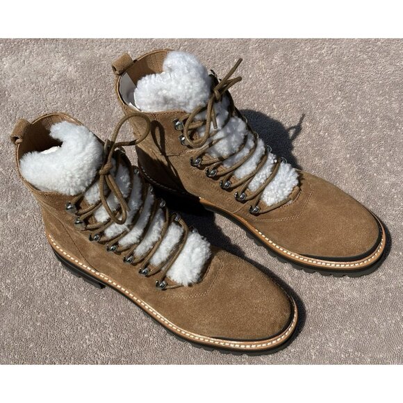 MARC FISHER Lizzie Suede Lace Up Ankle Boots Brown Womens Size 9M Sheep Fur New - Picture 1 of 13
